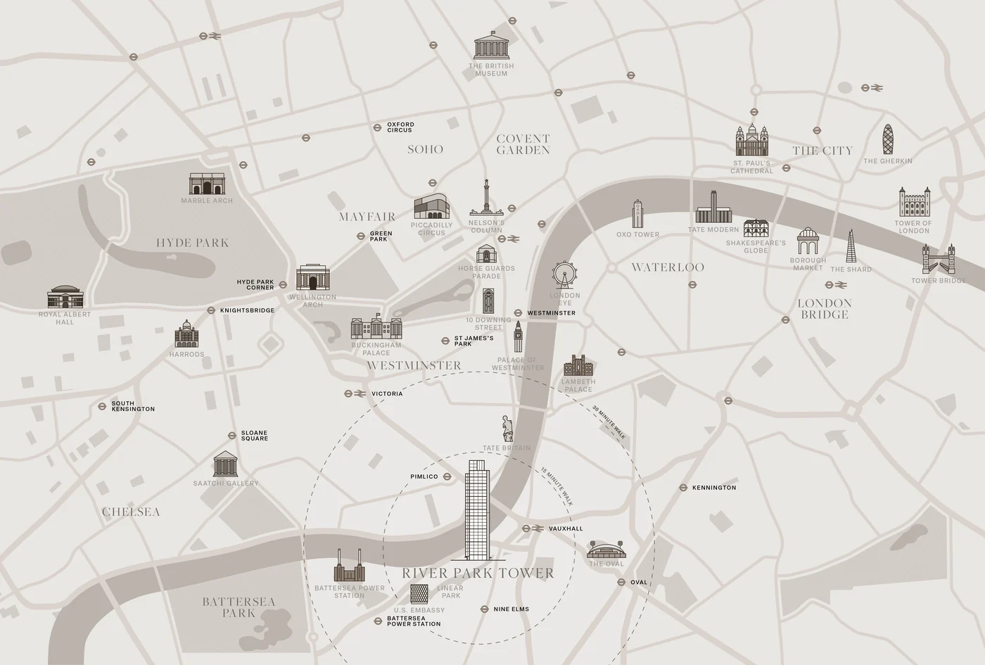 Illustrated map of central London: River Park Tower in Nine Elms, with Westminster, Mayfair, Knightsbridge, Chelsea and the City around it